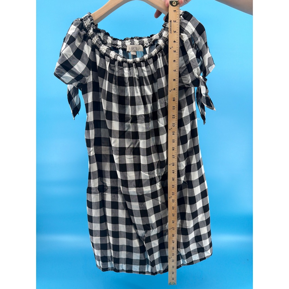 Loft Black White Buffalo Plaid Off Shoulder Tie Sleeve Top Blouse Medium - Picture 4 of 5